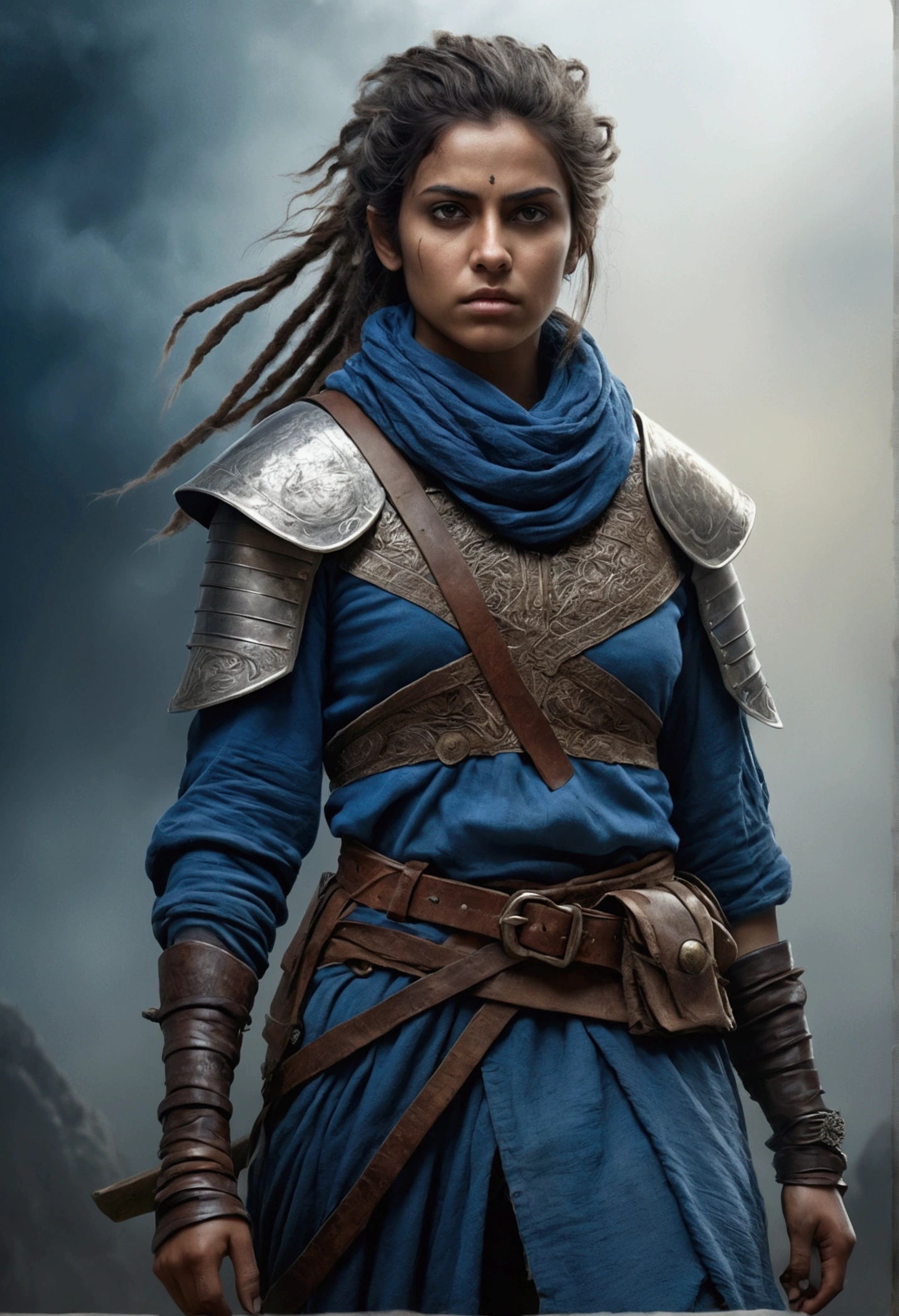 Pencil sketch full body portrait of a temeraian female rebel, detailed facial features, intense gaze, wild unkempt hair, weathered skin, leather and armor outfit, medieval fantasy setting, dramatic cinematic lighting, moody color palette, volumetric fog, highly detailed, photorealistic, 8k, masterpiece, colors of colthes in blue and white 
