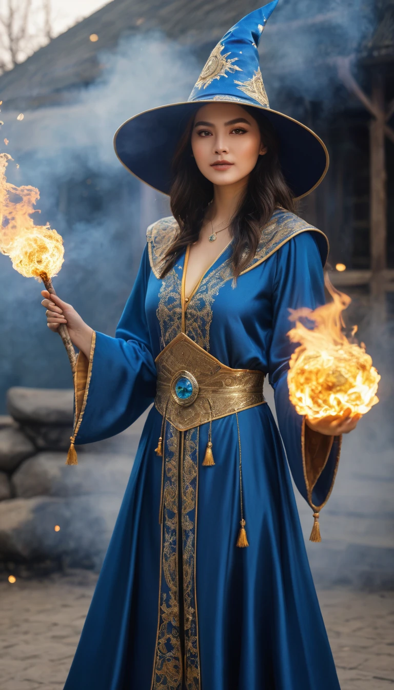 Highest quality photos, A female wizard is casting a fireball with a spell, Wearing blue clothing with gold embroidery, In his left hand he holds a stick, Beautiful Face