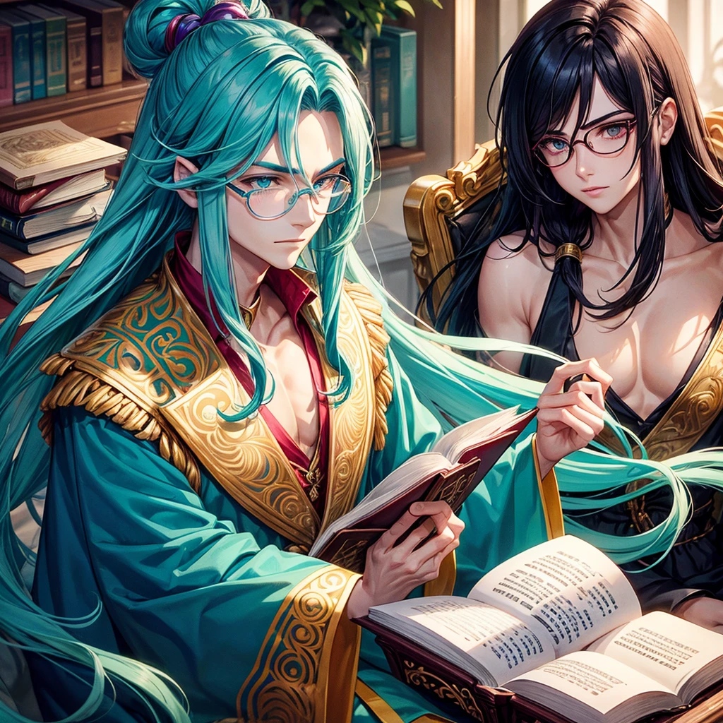 1 Man with shoulder-length hair, turquoise hair, fuchsia eyes, high, wide shoulders, pale light skin, glasses for myopes, reading a book. masculine. Prince Costume. 2 arms.