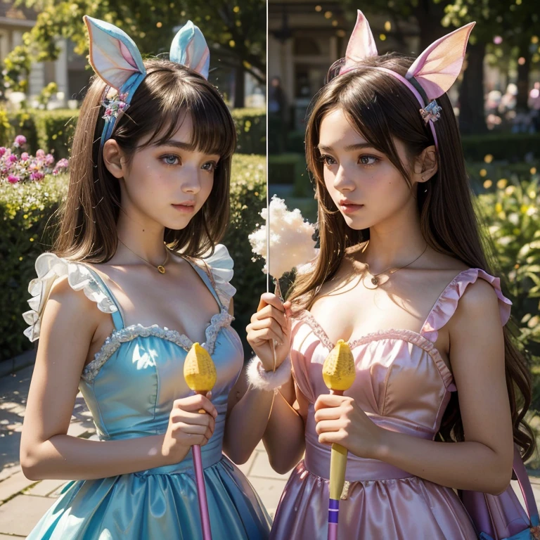 (masterpiece, best quality:1.5), highest quality, High resolution, super detailed, Realists, Upper body photo of a brunette magical girl, detailed and beautiful eyes, beautiful detailed lips, very detailed eyes and face, longeyelashes, shiny satin dress, Holding a magic wand in your hand, Cast a transformation spell, Bananas become candy floss, Magic wands present and shiny, Beautiful and colorful makeup, elegant and noble々The jewelry bag, Gardens as background, soft daylight, bright colors, fine brushstrokes, Portrait style, Silk dress fabric, beautiful color palette, glowing skin, First-class rendering, that captures every detail, enchanting atmosphere, subtle shadows and lights, (perfect anatomy:1.2), (The two stunning 14 and 12 year old magical girls turn bananas into candy floss (a transformation with the magic wand:1.4), (magnificent panorama view:1.2)