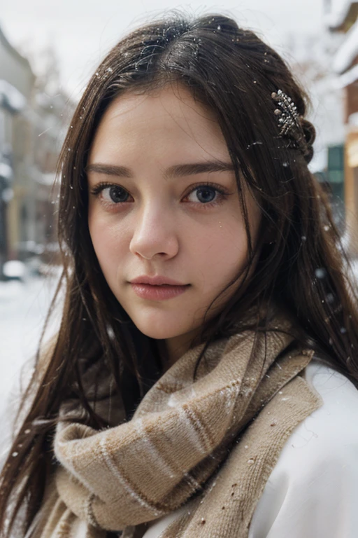 (masterpiece), best quality, solo, detailed background, facing viewer, 1girl, snow, winter, scarf, heterochromia eyes, hair scrunchie, warm lighting, cinematic, digital painting, ultra-detailed, photorealistic, 8k, realistic, intricate details, beautiful detailed eyes, beautiful detailed lips, extremely detailed face, long eyelashes, serene expression, dynamic composition