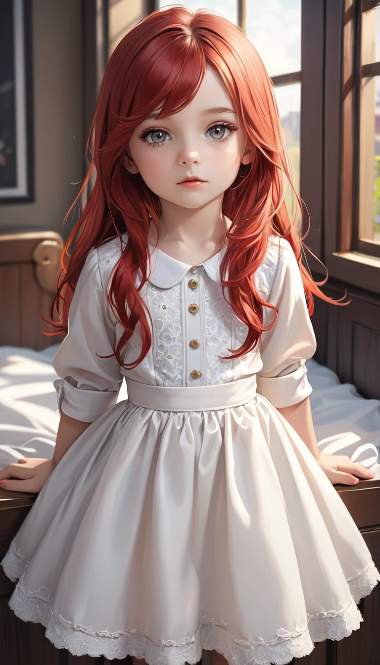 little model with beautiful red hair, dressed, is posing for the camera, 1girl, solo, long hair, realistic, looking at viewer
