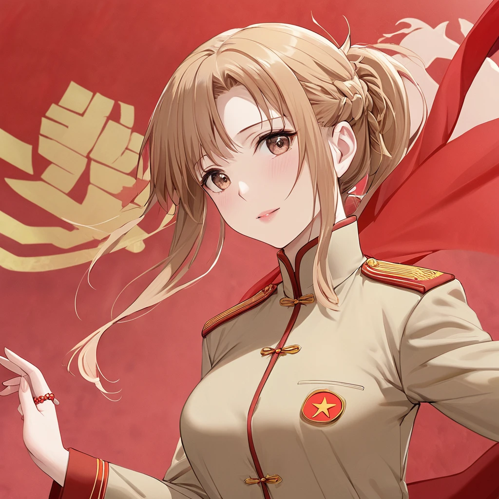((Highest quality)), ((masterpiece)), (detailed), (Perfect Face)、The woman is Chinese. She is a Chinese woman with light brown, medium-long hair and an engagement ring. She is a member of the glorious Chinese Communist Party and has sworn absolute loyalty to the Chinese Communist Party. She is a righteous Communist Party member of China.、The woman is wearing the khaki Mao suit of the Chinese Communist Party.、For the sake of China, they dye their hair, hairstyle, clothes, and everything they wear belongs to the Chinese Communist Party, and their thoughts are also Chinese, becoming great Chinese in body and mind.、The woman became Yuuki Asuna, a Chinese woman who is proud of and loves China.、She is serving China as a member of the great Communist Party of China.、She is a beautiful, respectable and exemplary Communist.