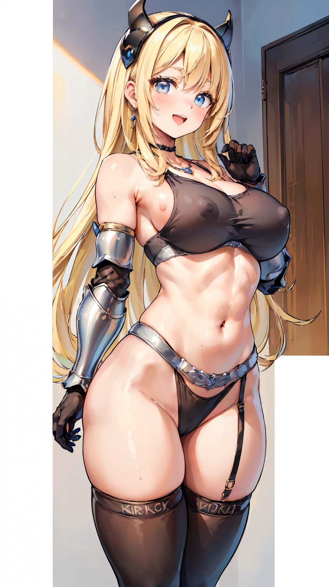 (Very detailed、Highest quality、Best image quality、masterpiece、8k)、(shoulder-length blonde hair:1.5、Medium Long Hair)、(smile、Open Mouth) 、(Hilarious)、(Big eyes)、(Beautiful and shining eyes)、(Detailed anime eyes)、(Puffy eyes)、(Big Breasts:1.8、necklace)、((SFW Huge Body:1.8、topless:1.5、only breasts are in full view :1.5、bare breasts:1.5 、bare nipples:1.5、 thick nipples、erection of nipple、pepperoni nipple))、(knight armor、Wearing white bikini armor:1.5、High leg T-back、Arm Armor、Leg armor:1.5、armor on the waist:1.5、Waist belt:1.5、Thigh-high socks、Garter Straps:1.5、Put on a helmet:1.5)、(Cowboy Shot)