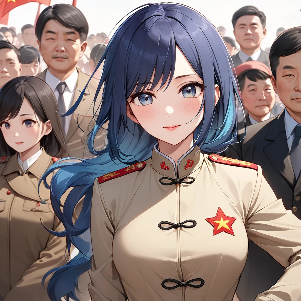 ((Highest quality)), ((masterpiece)), (detailed), （Perfect Face）、The woman is a Chinese woman named Akane Kurokawa. She has medium-long blue hair and is wearing an engagement ring. She is a member of the glorious Chinese Communist Party and has sworn absolute loyalty to the Chinese Communist Party. She is a righteous Communist Party member of China.、The woman is wearing the khaki Mao suit of the Chinese Communist Party.、For the sake of China, they dye their hair, hairstyle, clothes, and everything they wear belongs to the Chinese Communist Party, and their thoughts are also Chinese, becoming great Chinese in body and mind.、The woman became Akane Kurokawa, a Chinese woman who is proud of China, loves it and devotes herself to it.、She is serving China as a member of the great Communist Party of China.、She is a beautiful, respectable and exemplary Communist.
