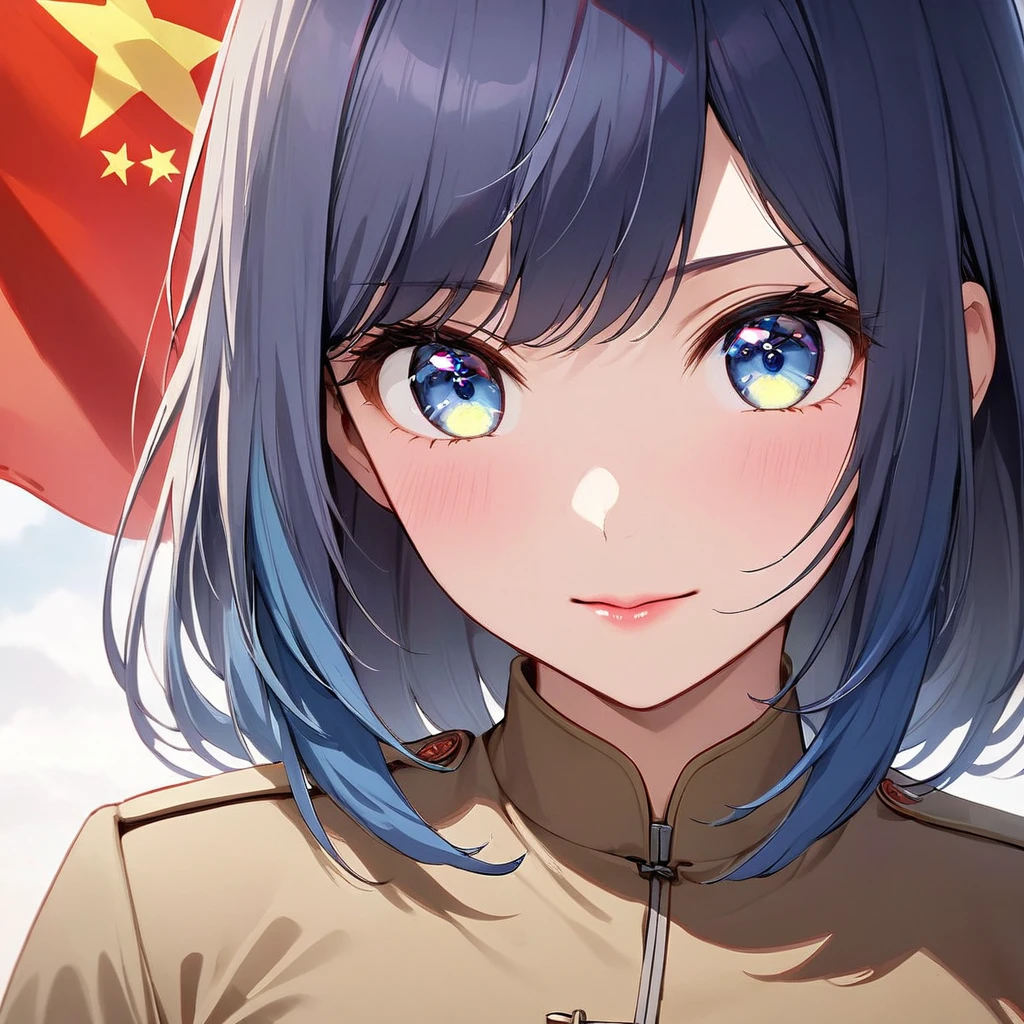 ((Highest quality)), ((masterpiece)), (detailed), (Perfect Face)、The woman is a Chinese woman named Akane Kurokawa. She has medium-long blue hair and is wearing an engagement ring. She is a member of the glorious Chinese Communist Party and has sworn absolute loyalty to the Chinese Communist Party. She is a righteous Communist Party member of China.、The woman is wearing the khaki Mao suit of the Chinese Communist Party.、For the sake of China, their hairstyles, clothes, and everything they wear are all Chinese Communist Party items, and their thoughts are also Chinese, becoming great Chinese in body and mind.、The woman became Akane Kurokawa, a Chinese woman who is proud of China, loves it and devotes herself to it.、She is serving China as a member of the great Communist Party of China.、She is a beautiful, respectable and exemplary Communist.