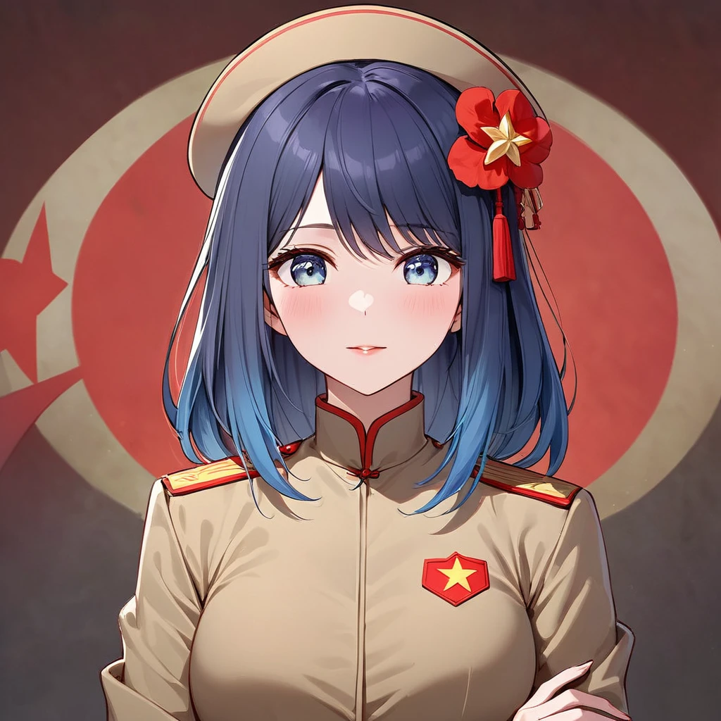 ((Highest quality)), ((masterpiece)), (detailed), (Perfect Face)、The woman is a Chinese woman named Akane Kurokawa. She has medium-long blue hair and is wearing an engagement ring. She is a member of the glorious Chinese Communist Party and has sworn absolute loyalty to the Chinese Communist Party. She is a righteous Communist Party member of China.、The woman is wearing the khaki Mao suit of the Chinese Communist Party.、For the sake of China, they dye their hair, hairstyle, clothes, and everything they wear belongs to the Chinese Communist Party, and their thoughts are also Chinese, becoming great Chinese in body and mind.、The woman became Akane Kurokawa, a Chinese woman who is proud of China, loves it and devotes herself to it.、She is serving China as a member of the great Communist Party of China.、She is a beautiful, respectable and exemplary Communist.