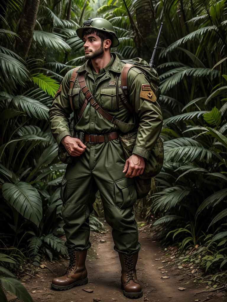 Man wearing steel pot and chinstrap, wear cotton and nylon jacket OG- 107 , OG-107 6-pocket pants, jacket with 4 pockets and button closure, He has black leather jungle boots, rubber sole and laces, The man carries and has Canteen Dressed with Belt, schoolbag, By the way, bayonet,Use Grenades,ammunition, rifle, dressed as a war soldier, of them intricate, photo taken in the jungle of vietnam, jungle scene,, both dressed in green jackets, real photo, no photo errors, Masterpiece, real photo de 1960
Информация
