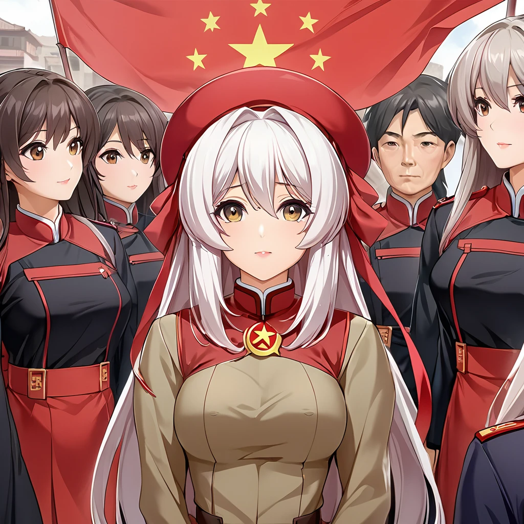 ((Highest quality)), ((masterpiece)), (detailed), (Perfect Face)、The woman is Chinese, Katsuragi Marina, a Chinese woman with brown, medium-long hair and an engagement ring. She is a member of the glorious Chinese Communist Party and has sworn absolute loyalty to the Chinese Communist Party. She is a righteous Communist Party member of China.、The woman is wearing the khaki Mao suit of the Chinese Communist Party.、For the sake of China, they dye their hair, hairstyle, clothes, and everything they wear belongs to the Chinese Communist Party, and their thoughts are also Chinese, becoming great Chinese in body and mind.、The woman became Marina Katsuragi, a Chinese woman who is proud of and loves China.、She is serving China as a member of the great Communist Party of China.、She is a beautiful, respectable and exemplary Communist.