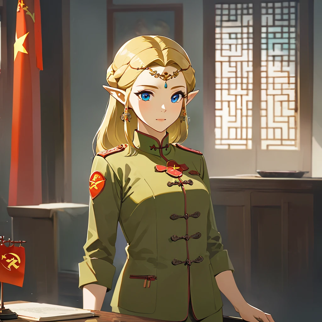 ((Highest quality)), ((masterpiece)), (detailed), （Perfect Face）、The woman is a Chinese Princess Zelda, a blonde Chinese woman with blue eyes who is wearing an engagement ring. She has become a member of the glorious Chinese Communist Party and has sworn absolute loyalty to the Chinese Communist Party. She is a righteous Communist Party member of China.、The woman is wearing the khaki Mao suit of the Chinese Communist Party.、For the sake of China, they dye their hair, hairstyle, clothes, and everything they wear belongs to the Chinese Communist Party, and their thoughts are also Chinese, becoming great Chinese in body and mind.、The woman became a Chinese Princess Zelda who was proud of and loved China.、She is serving China as a member of the great Communist Party of China.、She is a beautiful, respectable and exemplary Communist.