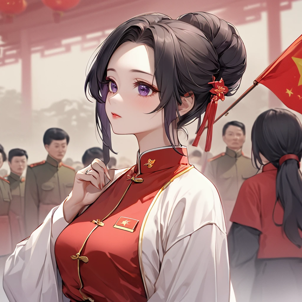 ((Highest quality)), ((masterpiece)), (detailed), (Perfect Face)、The woman is a Chinese woman named Kocho Shinobu, with medium-long black hair with purple ends, tied up in a bun, and wearing an engagement ring. She is a member of the glorious Chinese Communist Party and has sworn absolute loyalty to the Communist Party of China. She is a righteous Communist Party member of China.、The woman is wearing the khaki Mao suit of the Chinese Communist Party.、For the sake of China, they dye their hair, hairstyle, clothes, and everything they wear belongs to the Chinese Communist Party, and their thoughts are also Chinese, becoming great Chinese in body and mind.、The woman became Shinobu Kocho, a Chinese woman who was proud of China, loved it and devoted herself to it.、She is serving China as a member of the great Communist Party of China.、She is a beautiful, respectable and exemplary Communist.