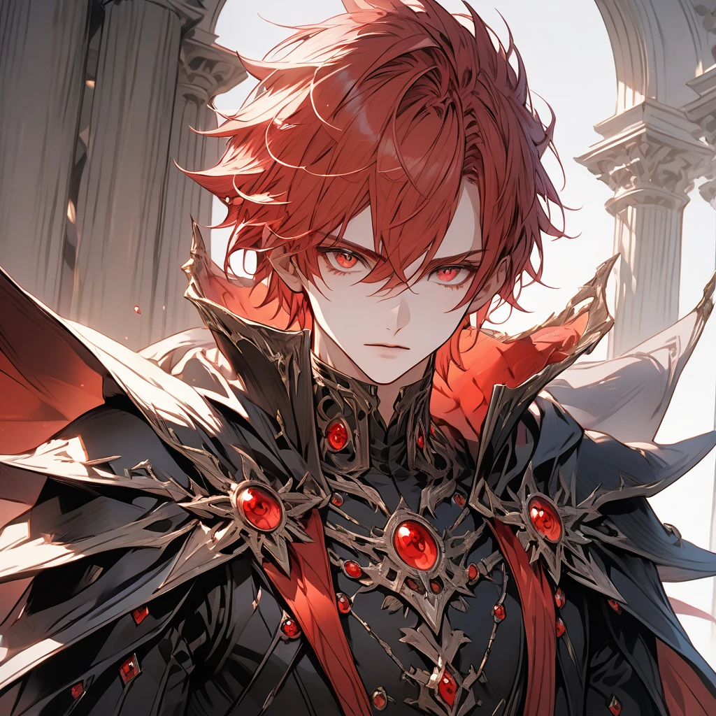 male face, red hair, eyes closed, extremely detailed eyes, perfect eyes, extremely detailed face, black overcoat, powerful cape, RPG style, broad shoulders, upright posture, facing the image, no light in the image, no shadows in the image, 8k.