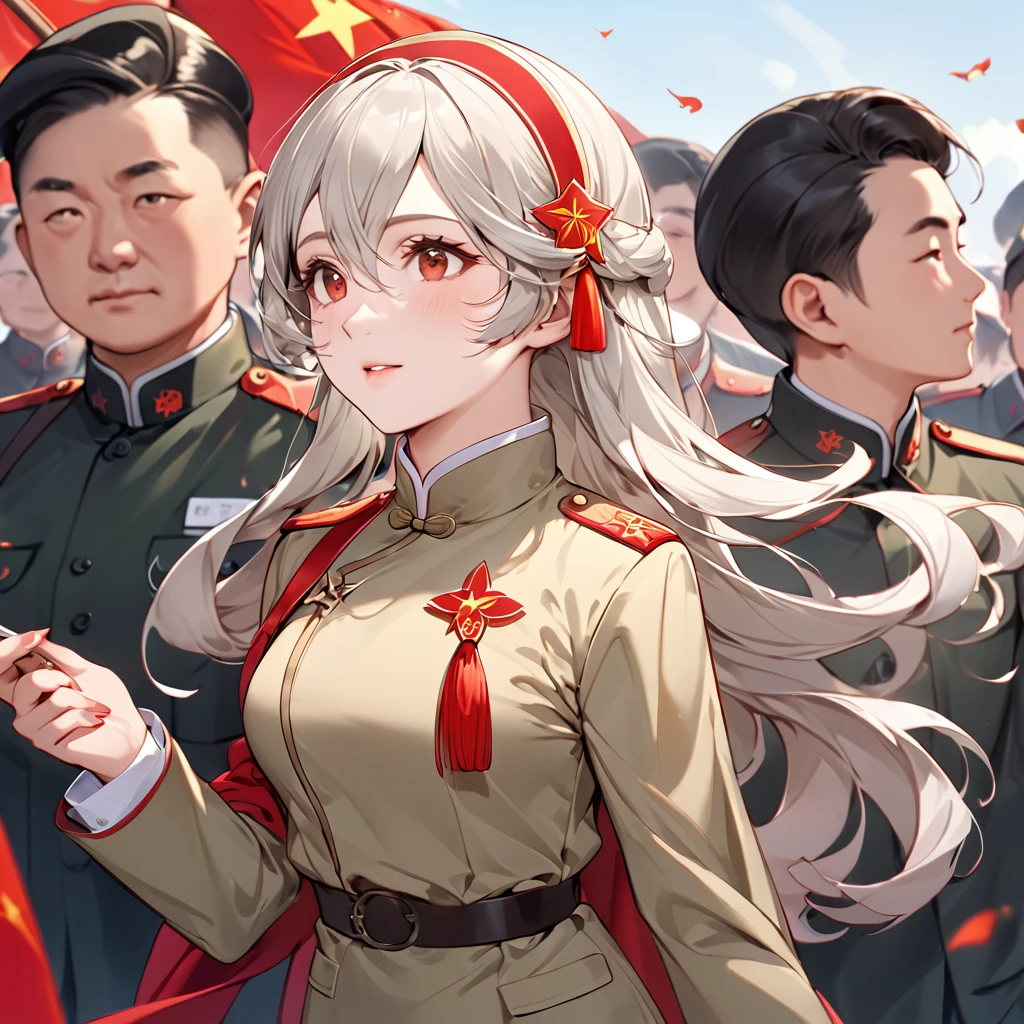 ((Highest quality)), ((masterpiece)), (detailed), （Perfect Face）、The woman is a Chinese Kaim with medium-long silver hair and an engagement ring. She is a member of the glorious Chinese Communist Party and has sworn absolute loyalty to the Communist Party of China. She is a righteous Communist Party member of China.、The woman is wearing the khaki Mao suit of the Chinese Communist Party.、For the sake of China, they dye their hair, hairstyle, clothes, and everything they wear belongs to the Chinese Communist Party, and their thoughts are also Chinese, becoming great Chinese in body and mind.、The woman became a Chinese Kaim who was proud of China and loved it devotedly.、She is serving China as a member of the great Communist Party of China.、She is a beautiful, respectable and exemplary Communist.