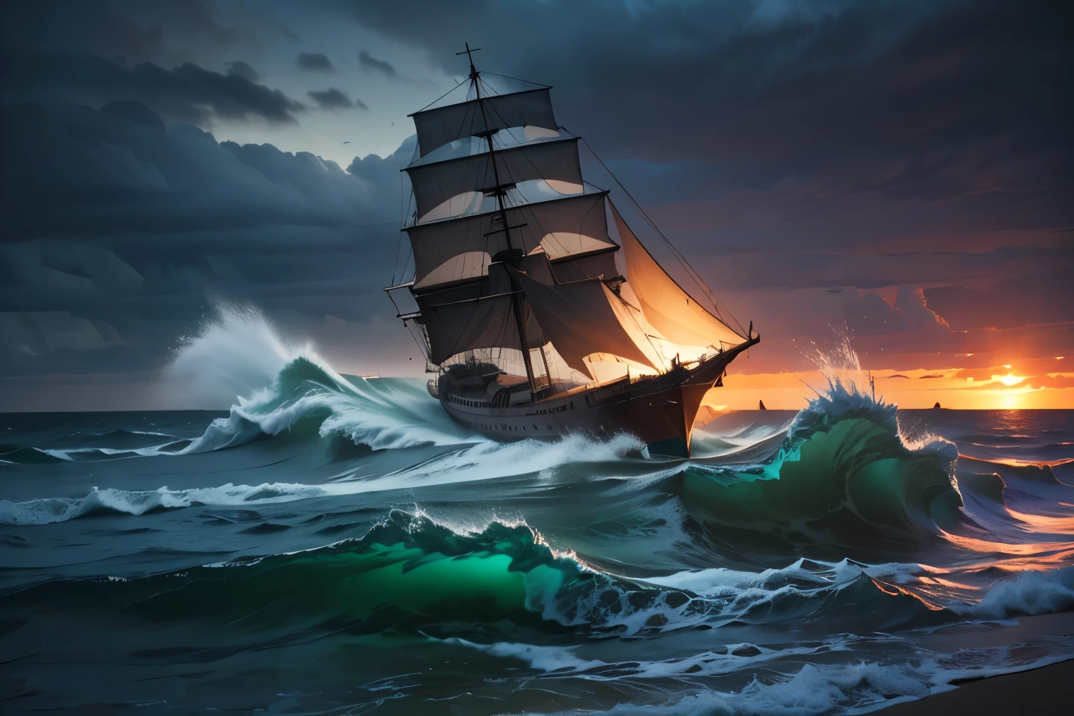 a galleon in deep water during a storm, detailed wooden galleon ship, crashing waves, stormy sea, dramatic lighting, dark clouds, rain, wind effects, (best quality,4k,8k,highres,masterpiece:1.2),ultra-detailed,(realistic,photorealistic,photo-realistic:1.37),cinematic composition,moody atmosphere,dramatic lighting,chiaroscuro,dramatic colors,blue and green tones