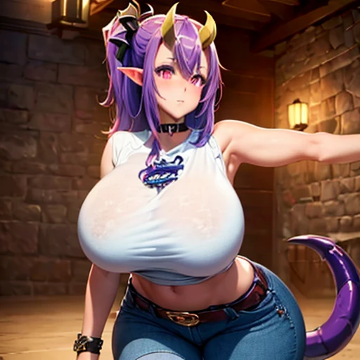 8k_Wallpaper, extremely take off eyes, extremely take off body, (large masterpiece digital art), (take off manga illustration), (take off line art), ((perfect anatomy)), (intricate decorations:1.3), (ultra-take off:1.3), (illustration:1.3), (sharp focus:1.3), (natural lighting:1.05), (vivid colors:1.3), (masterpiece), (Best Quality:1.4), (perfect anatomy:1.4), high quality, expressive eyes, whole body, tall girl, take off face, beautiful face, perfect face, take off ((for white)), (black fur), (pink eyes), {{Dark skin}}, ({Dark skinned female}), cow girl, giant breasts, thick thighs, very long hair, bare shoulders, Denim, (blue mono), mono, dynamic lighting, succubus print, High resolution, 4k resolution, dynamic pose, silver jewelry, {fantasy farm background}, choker, (leviathan ears), {{tail of leviathan}}, (cola), ((striped hair)), Wide hips, thighs, horns, {demon horns}, animal ears, skin denture, curves, chubby, hellish flames, leviathan tentacles,