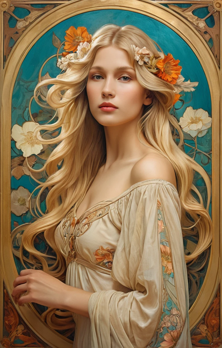 European woman portrait, Waist, Long flowing hair, Blonde, Oil painting feeling, Model imposing flower frame, decorative panel, abstraction, directed by: Alphonse Mucha (Main part, extremely high quality, High resolution: 1.4), detailed, intricate details, splash of color, Line art, Fibonacci, Wear underwear, atmospheric perspective, Art Nouveau, 4k