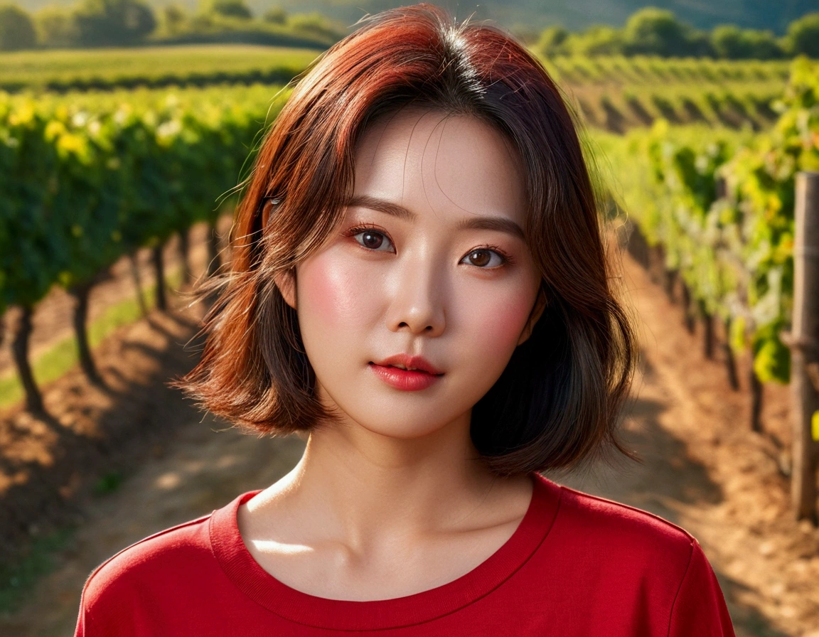 Korean woman with short medium brown hair wearing a red shirt, very beautiful.!, Get inspired by Son Ye-jin, 8K vertical rendering, photo realistic beautiful face, big eyes,double eyelid, black eye, Wear a dark round neck t-shirt. casual pants. Warm light in a vineyard in the Italian countryside, The morning sun shines beautifully. Standing on a curved path. (digital painting, HDR, high contrast),, (best quality:1.4, 8k 3D, 45,000,000,000,pixel,),(masterpiece:1.3),(sharp focus:1.2),(Red cheeks:1.4), stand and walk, Evening sunlight shines beautifully and realistically