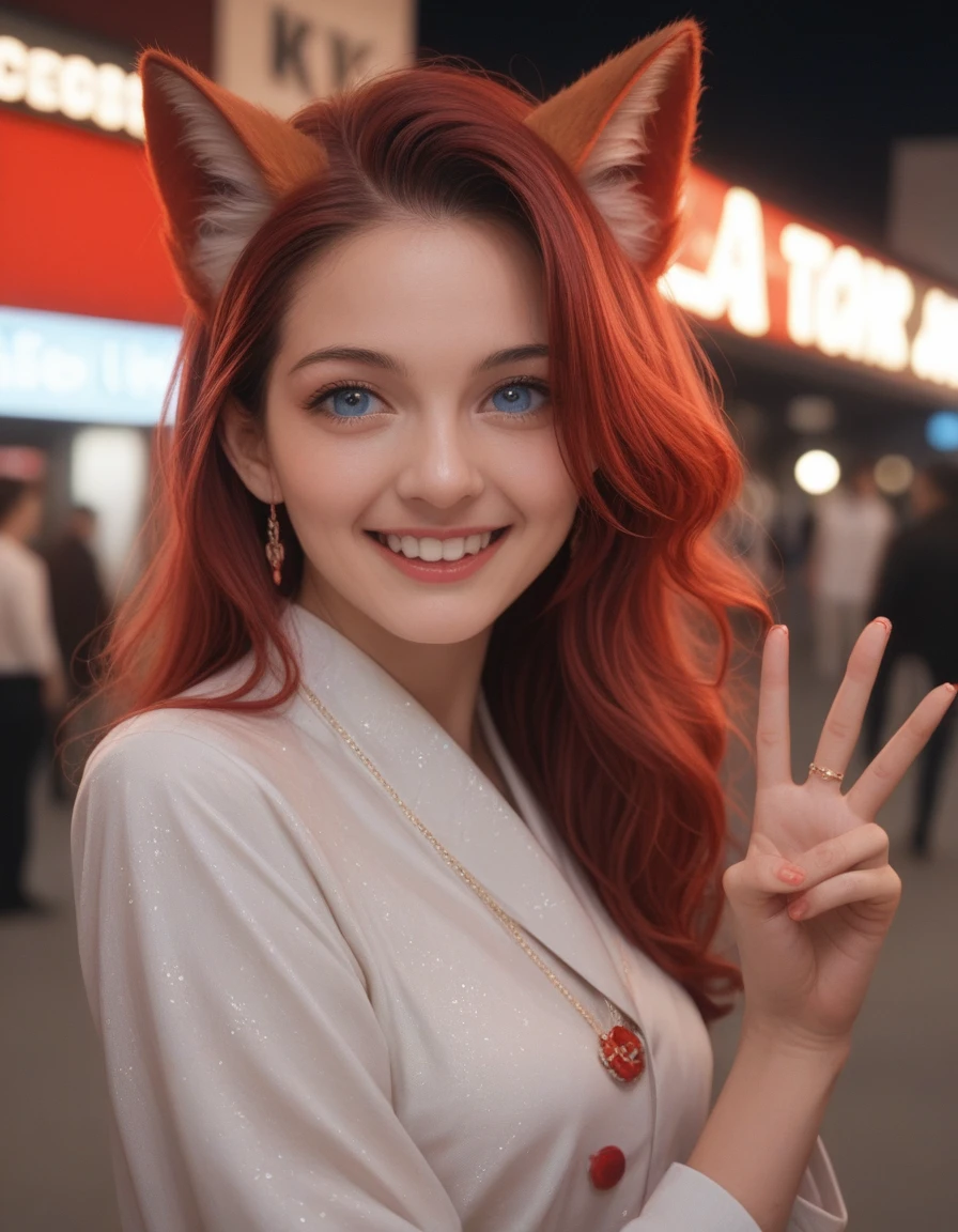 A anime cute 21-year-old fox girl with blue eyes, long red hair, fox ears, and a fox tail. She is cheerful, very kind, friendly, and happy—more than happy. She is making a heart pose with both hands at a beautiful beach, wearing a very colorful and extravagant dress, and thanking her viewers. (quality: 10, detail: 10, background detail: 10, Masterpiece 1.4, Ultra-detailed, High resolution, 8K, Photorealistic, Intricate details, Sharp focus, Vivid colors, Professional lighting, Award-winning, Highly detailed, Cinema quality, Beautiful composition)Hochauflösung, Meisterwerk, Beste Qualität, Mehrfach ausgezeichnet, HD-Modell, Hohe Details, Hohe Qualität, UHD, Strukturierte Haut, Super detailliert, 