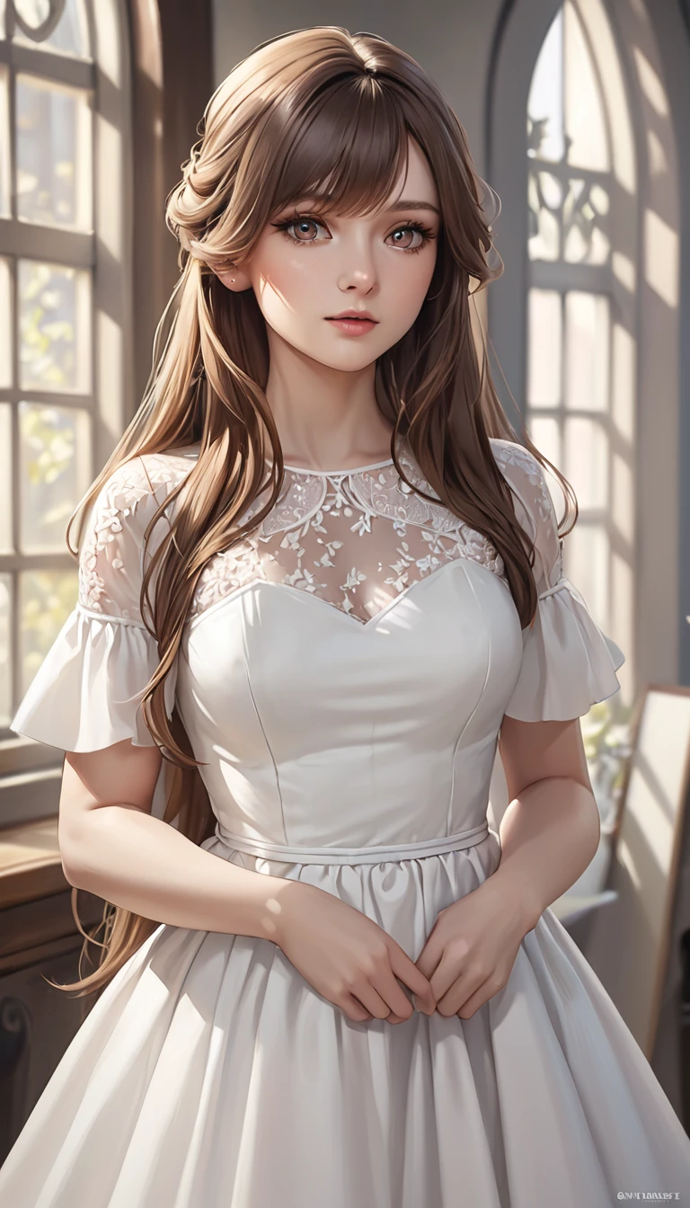 a pretty woman wearing a white dress poses with her hands behind her, 1girl, long hair, solo, realistic, dress, brown hair