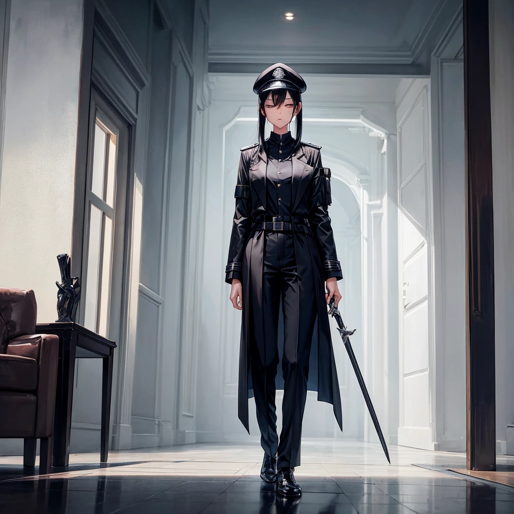 The girl is tall 172 cm tall, shoulder-length black hair, standing in the VIP area, not the most outstanding person, in formal dress, trousers, sweatshirt black, blade in sheath attached to belt, an unbuttoned raincoat that is knee-length and a cap, stands with his eyes closed. 