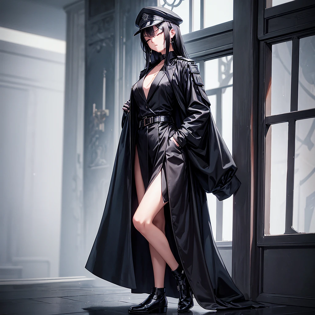 The girl is tall 172 cm tall, shoulder-length black hair, standing in the VIP area, not the most outstanding person, in formal dress, trousers, sweatshirt black, blade in sheath attached to belt, an unbuttoned raincoat that is knee-length and a cap, stands with his eyes closed.