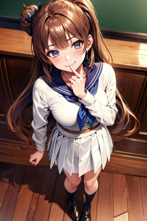 masterpiece, best quality, 1girl, solo, looking at viewer, full body, standing, in classroom, anime style, beautiful face, big eyes, long hair, brown hair, hair ornament, , sailor suit, pleated skirt, white blouse, blue collar, knee-high socks, black shoes, smiling, cheerful, detailed background, depth of field, sharp focus, bokeh, soft lighting