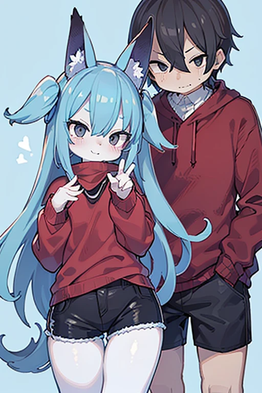 light blue fur,with completely black eyes,Her hair is long and light blue too.,He is wearing a red sweater and black shorts.. He looks mischievously while making the gesture of pulling up his sweater.