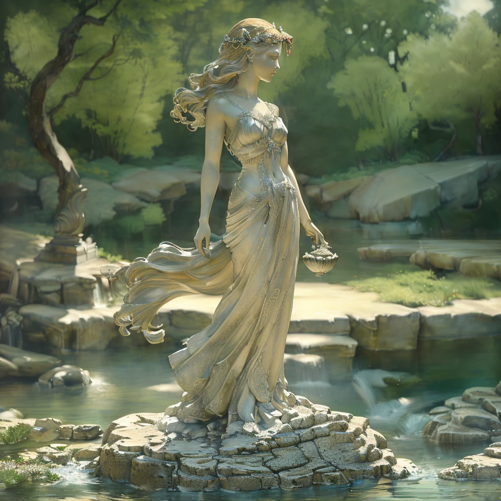 there is a statue of a woman standing on a rock in a stream, goddess of greek mythology, sculpture of persephone, goddess. extremely high detail, goddess of nature, unreal engine render + a goddess, earth goddess mythology, aphrodite goddess of love, statue of the perfect woman, 3 d render stylized, persephone in spring, greek goddess