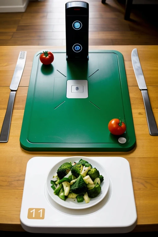A robotic cutting board.(a tackle from the future)
That the function panel and to order what to do is on one side of the table that does not occupy the entire table because then where are they going to chop the vegetables?.
(I want you to give me the image of the complete table without other things around it)
Let the table be what looks the most in the image and you can see all its functions