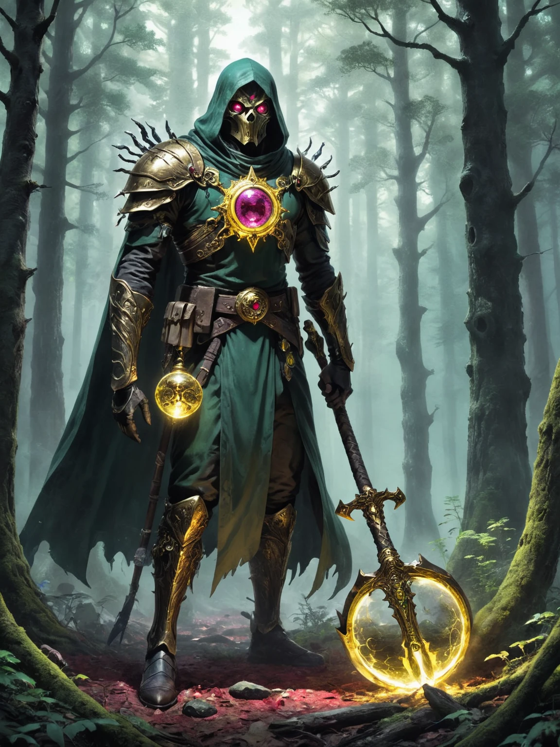 The time: mid-18th century. The setting is boreal forests, at the end of a cold and harsh winter. A mercenary specializing in weapons and forest creatures, after a boring lull, his mission is to seek out and end a supposed specter called Ankron, who has been tormenting the village, stealing souls to continue living eternally. The specter could only be exterminated before midnight of the Spring Equinox by the blade of a lost relic: the GOLDEN AX. which was inside a transparent and energized orb in the forest, a powerful weapon inlaid with two Rubies looking like eyes in the darkness. best quality, 8k.