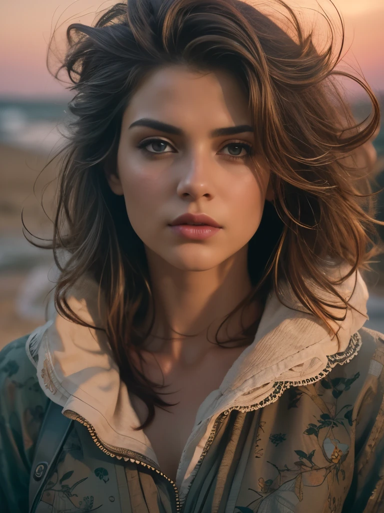 kmwld, (sharp focus:1.2), photo, attractive ultra hot gorgeous European woman,age 23. Large breast. Cleavage .(beautiful face:1.1), detailed eyes, luscious lips, (cat eye makeup:0.85), (large eyes:1.0), (toned body:1.2), (1980s hair:1.2), wearing (1980s clothes:1.2) on a (beach:1.2). (moody lighting:1.2), depth of field, bokeh, 4K, HDR. by (James C. Christensen:1.2|Jeremy Lipking:1.1).