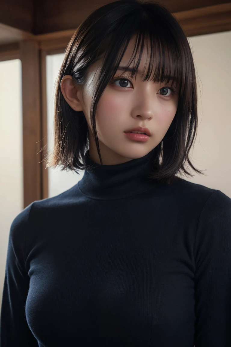 (Highest quality:1.4),(masterpiece:1.4),(Realistic:1.4),(Realistic:1.2),(超High resolution, RAW Photos:1.4),(High resolution, Very detailed:1.2),(8K:1.2),Cinematography,a photo of a dark-haired,Her hairstyle is a short bob with bangs.,One Girl,alone,(White turtleneck),((Upper Body:1.3)), ((medium breast:1.2)), (small areolae:0.5), (small nipples:1.0)