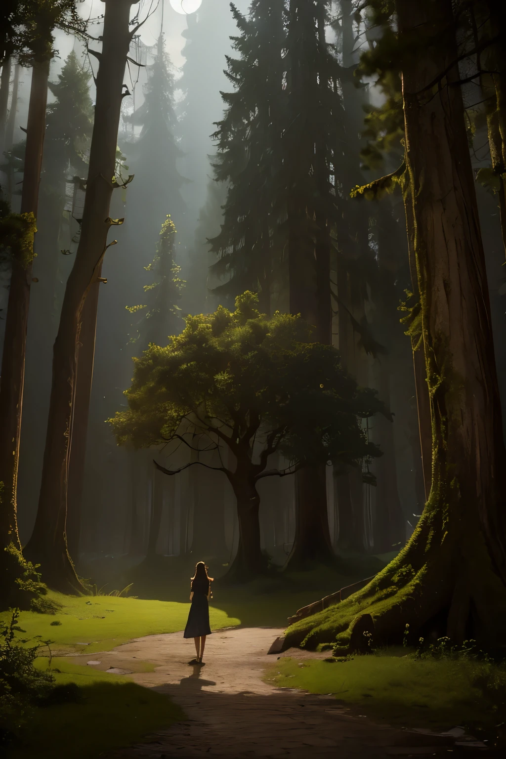 Masterpiece, Excellent, (Office: 1.8), CG drawing with super high detail, standing, 1 royal sister, angry, a woman with short tan hair, layered dress, hands crossed at waist, facing the audience, illustration, wide angle panorama a spectacular night, ethereal moonlit forest, glowing fireflies, mystical atmosphere, vibrant stars in the sky, serene pond reflecting the night sky, ancient ruined temple, gnarled twisted trees, dramatic lighting, dramatic shadows, cinematic composition, fantasy, surreal, (best quality,4k,8k,highres,masterpiece:1.2),ultra-detailed,(realistic,photorealistic,photo-realistic:1.37),detailed night sky, dramatic moody lighting