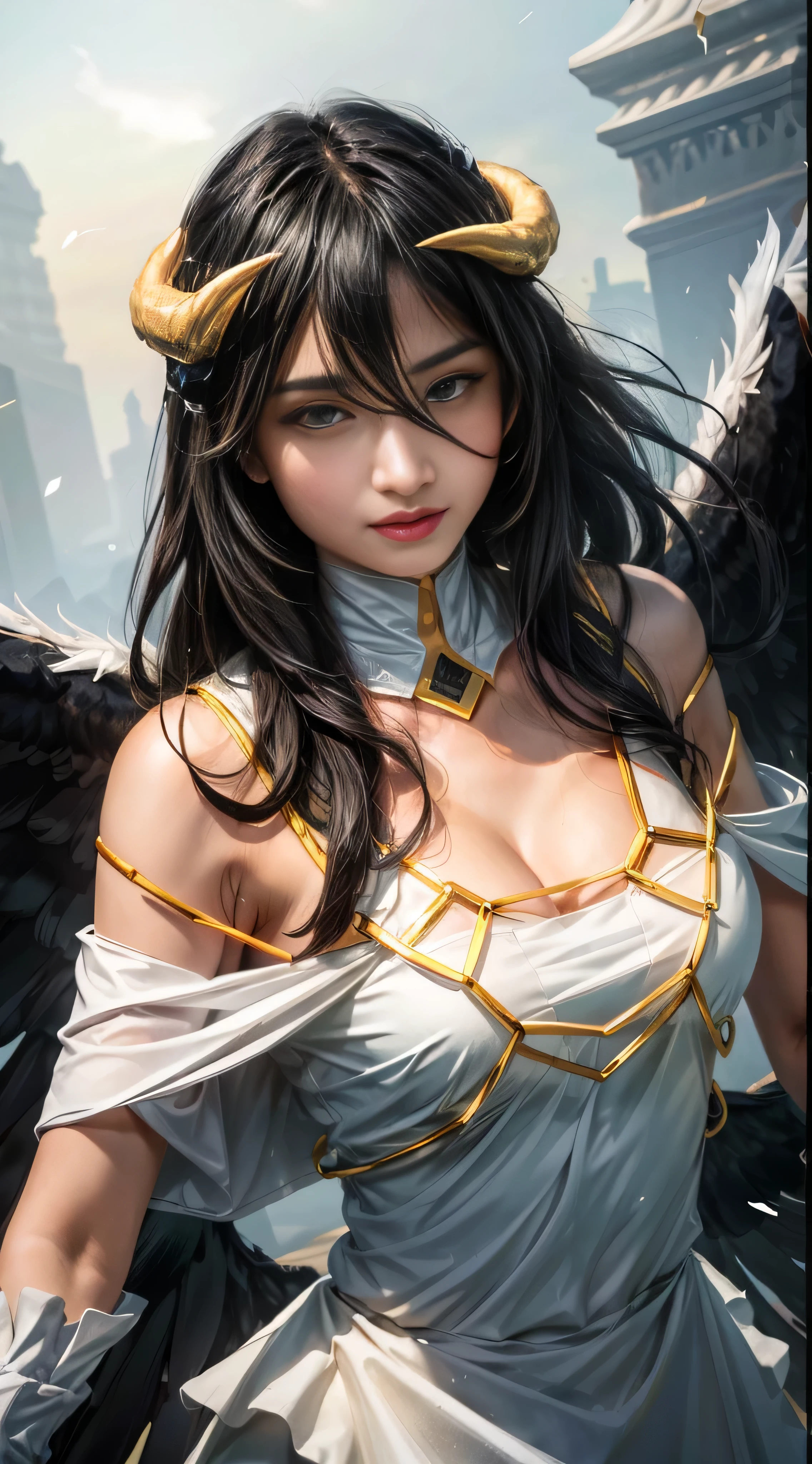 Masterpiece, Best quality, Ultra-detailed, illustration, epic lighting, Cinematic composition, isometry,(hexagons:1.2), 1girll, Horns, Solo, Yellow eyes, Black hair, Long hair, (Low wing:1.2), Large cleavage, Bare shoulders, hair between eye, Medium breasts, (White dress:1.1), Golden decoration, Detached collar, view the viewer, Semi-closed Eyes, (view the viewer:1.1), parted lip, Blush, Black feathers fall, Arena, particle fx, (8K:1.1), blushing face 