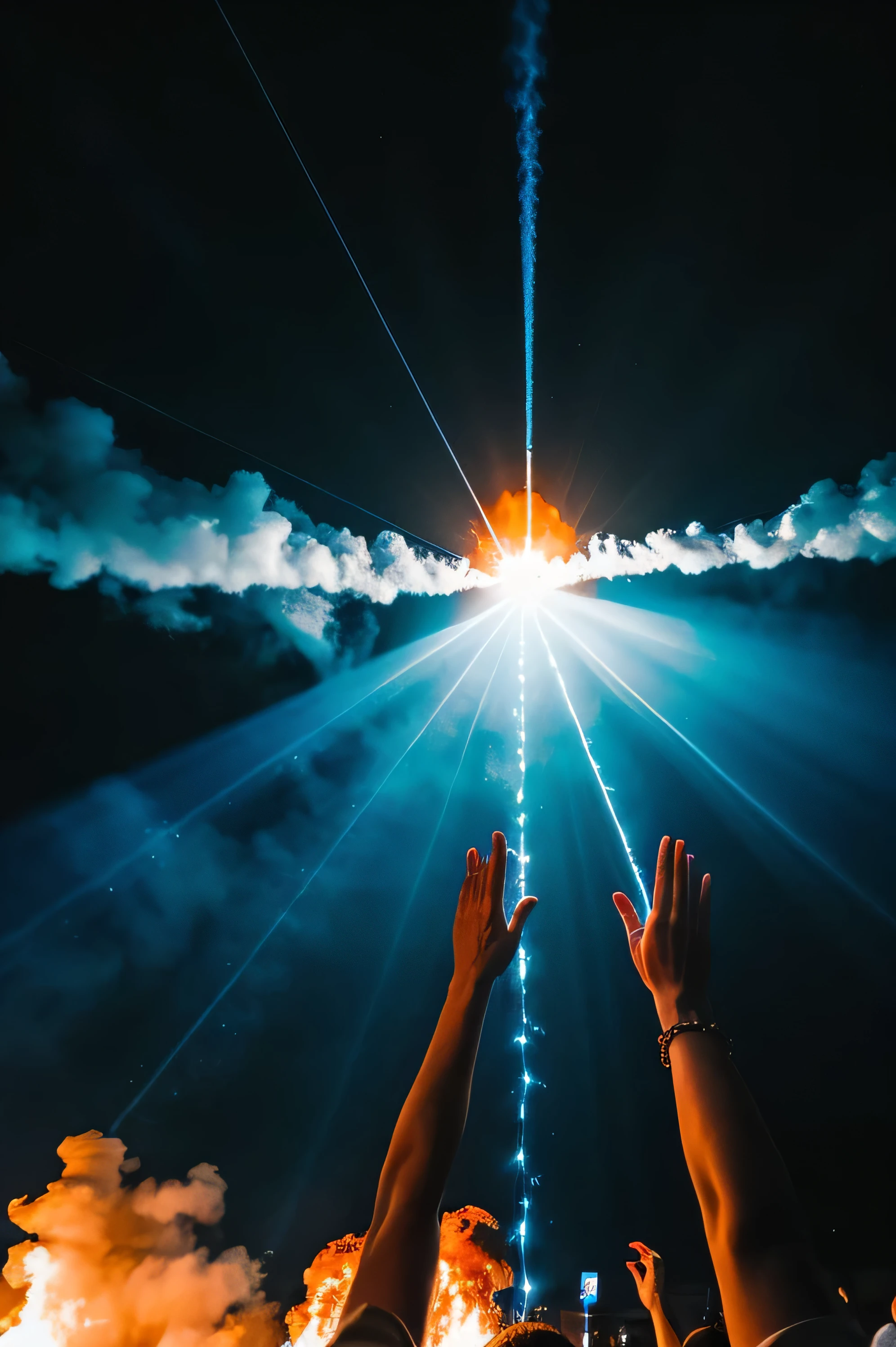 The blue and orange sky with chains breaking with flashes of white light,  with people raising their hands while fire and smoke cover them