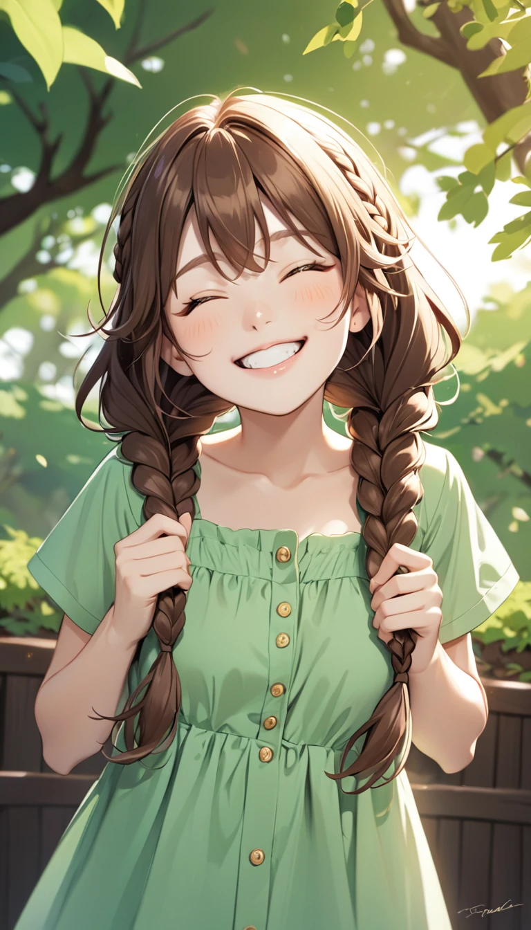 dressed in a green shirt she smiles and laughs as she has braid braids, 1girl, solo, smile, braid, twin braids, closed eyes, brown hair, grin