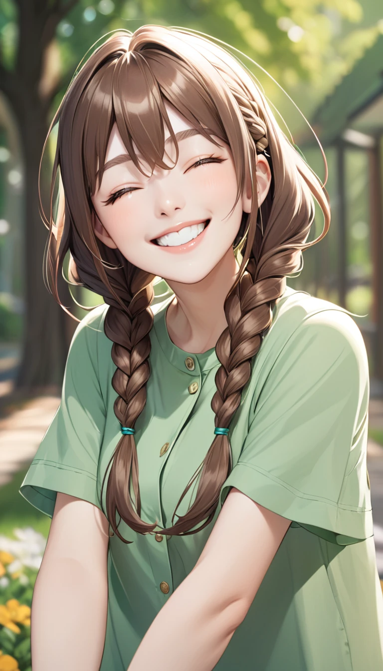 dressed in a green shirt she smiles and laughs as she has braid braids, 1girl, solo, smile, braid, twin braids, closed eyes, brown hair, grin