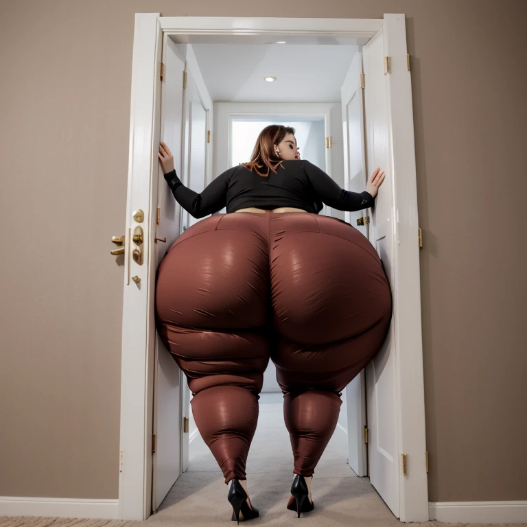 masterpiece, 1girl tall, fat, bottom heavy ssbbw british, 30 year old, behind a doorway, from behind, (doorstuck, stuckback:1.3), big belly, huge wide hips, massive butt,  thick thighs, colorful clothing, wearing a red suit and tie and formal pants, upset, she tries to wiggle her big body through the door, but the door is too small and she is stuck tight, she kicks and swings her legs back and forth in a panic, she is way too big and round to fit through,, she looks behind at the viewer politely asking for some help as she tries to pull herself out with all her might, she swings her hips desperately