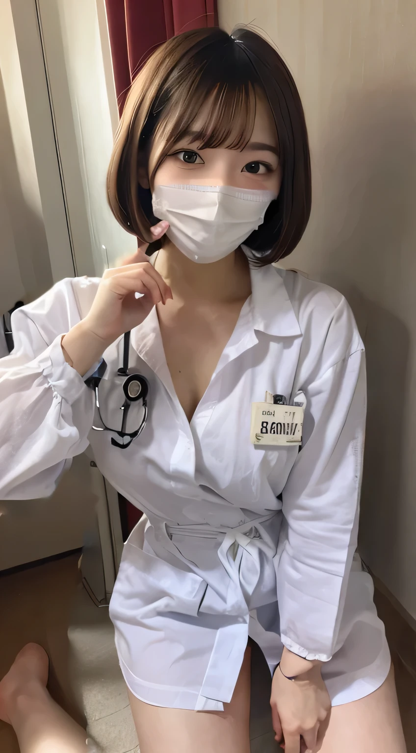 Very cute, extremely detailed eye and face, Eyes with beautiful details, Japanese ido (Japanese actressl),Healthy legs, (Standard chest:1.1), 1girl in, 18 yo, Smile, cleavage, 1girl in, pale skin, flipped hair, makeup, eyeshadows, Secretary, (Detailed background:1.2), (in infirmary:1.5), Dental Hygienist, Wearing a white school uniform, Skirt, (She wears a mask:1.4), White socks