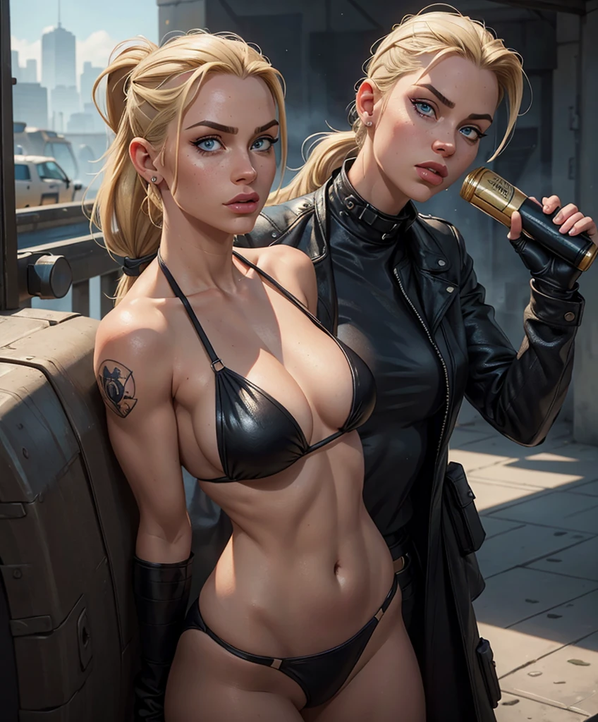 ((Best quality)), ((masterpiece)), (detailed), 1 girl, ,drinks champagne from a bottle.(((Full-length shot))),catfights,very muscular build and medium breasts ..,wears an black leather bikini. She has a punk rock look and blonde hair pulled back into a ponytail.Hyper-realistic close-up photo of Cammy White, blue eyes, masterpiece,Best quality, (Photorealism: 1.4), Create dystopian masterpieces. Post-apocalyptic world. Pay attention to small details, sharp focus.gaping mouth.