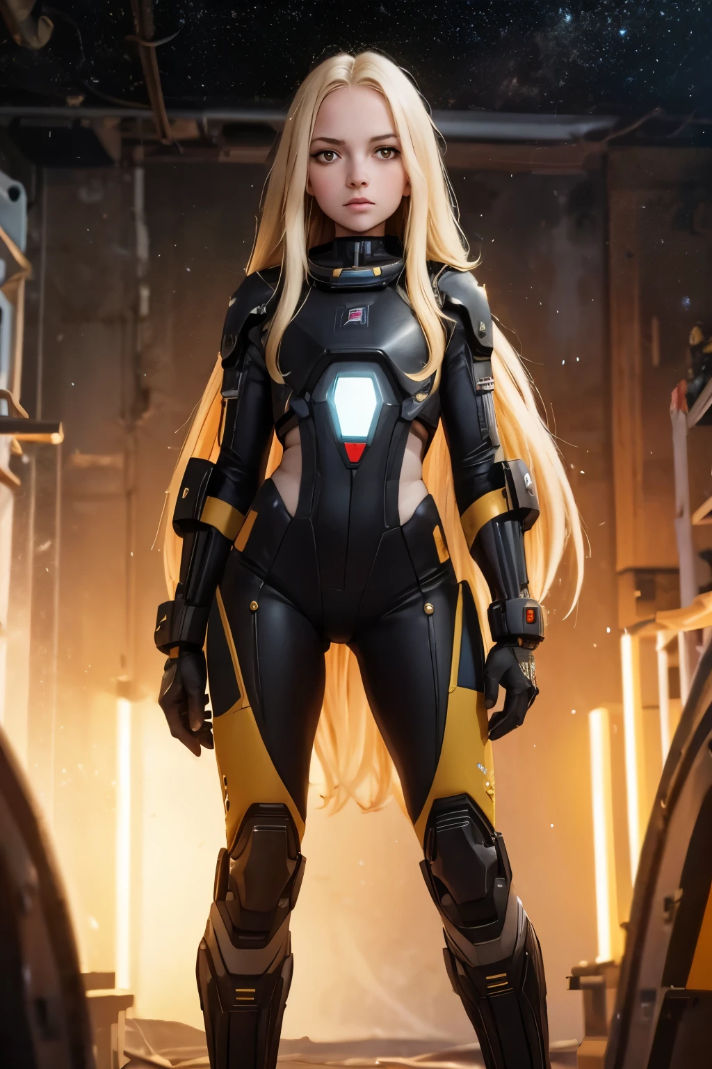 (young girl, , blond hair, photorealistic, pale skin), (yellow (eyes:1.2)), (slim build:1.3), (fantasy space suit), beautiful face, symmetrical face, Greg Rutkowski, wlop and Sam Kuvshinov, (long hair), blond eyelashes, large iris, large pupil, full body, standing on the background of the cosmodrome, artstation, 8k, science fiction, pastel colors, props, panel, concept, futuristic, gribble, simon stalenhag, space, in outer space, a spaceship in the sky, technological blocks, futuristic world:1.5, rusty metal futuristic world, (simple oil painting in a style to Bill Sienkiewicz)