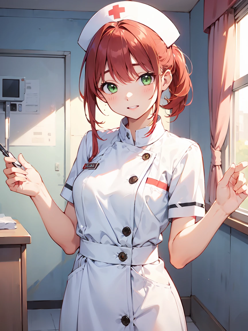 nurse uniform, nurse cap, Long skirt, nurse, (White costume), girl, alone, (mina_Hayase), Red Hair, Green Eyes, bangs,