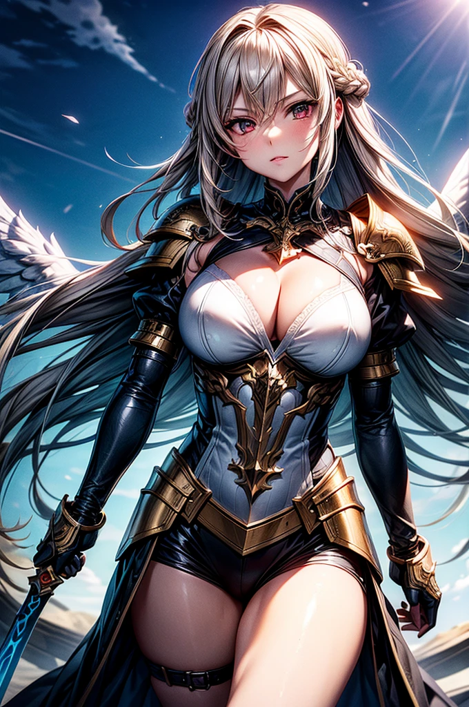 female archangel prepared for battle, an extremally beautiful warrior valkyre, ultra feminine, long hair, blond hair, braided hair, wearing divine heavy armor, , big brea armor: 1.2), (angel wings: 1.2) spread, armed with fantasy sword, sword covered with blue fire, in battle, fighting, sky environment, sunset, 16k, RAW, ultra wide shot, photorealism, depth of field, hyper realistic, 2.5 rendering