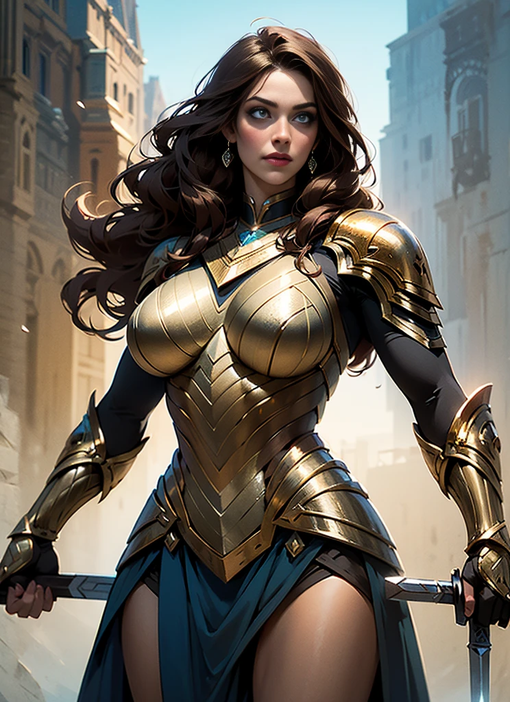 Alison Tyler as a Asgard valkyrie,blue eyes, long brown hair, perfect body, Senhora Cavaleiro,Anatomia correta,holding a magical big sword, epic fantasy digital art, masterpiece,8k,high-definition resolution,desenho detalhado,Qualidade Superior,, Epic composition, músculous body