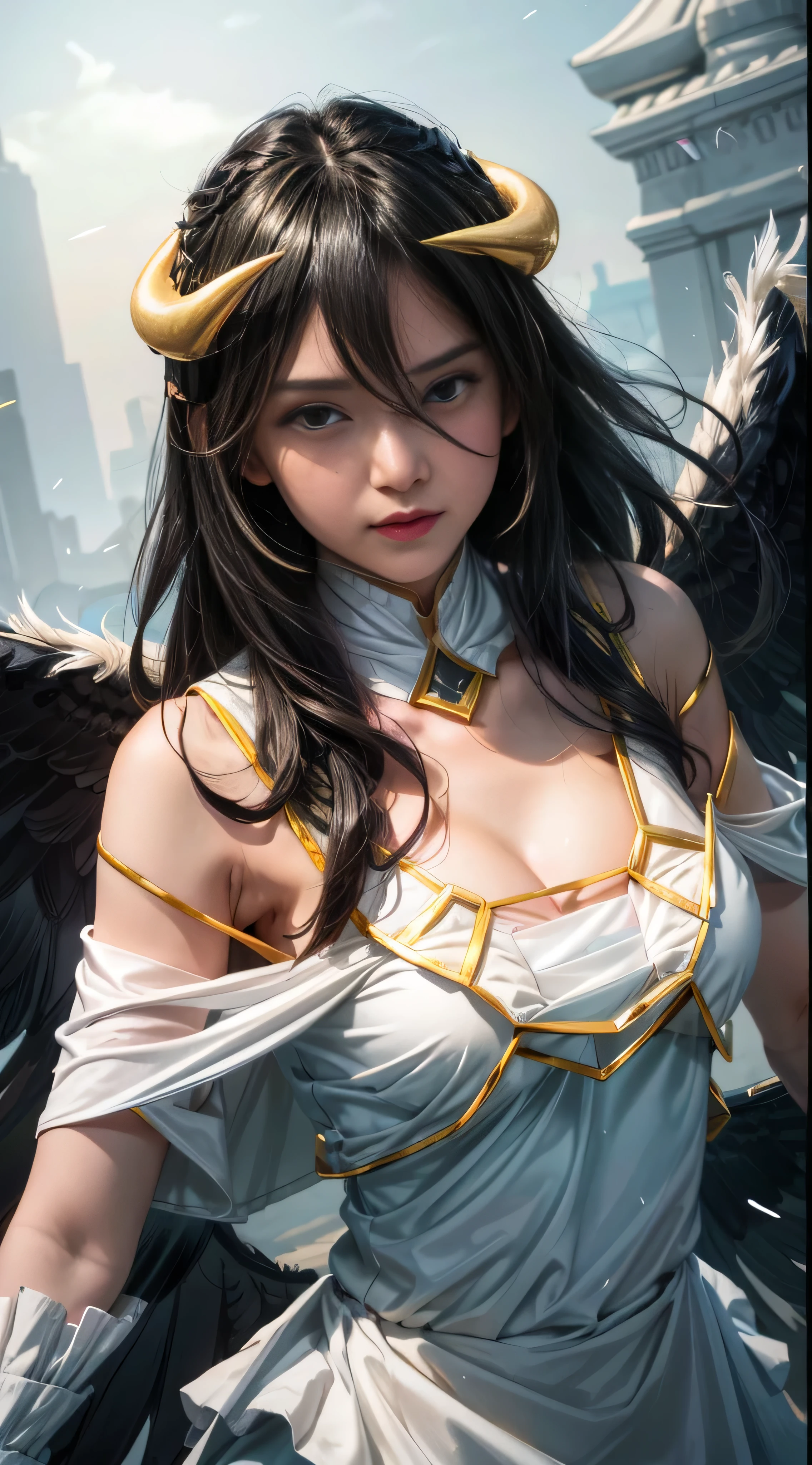 Masterpiece, Best quality, Ultra-detailed, illustration, epic lighting, Cinematic composition, isometry,(hexagons:1.2), 1girll, Horns, Solo, Yellow eyes, Black hair, Long hair, (Low wing:1.2), Large cleavage, Bare shoulders, hair between eye, Medium breasts, (White dress:1.1), Golden decoration, Detached collar, view the viewer, Semi-closed Eyes, (view the viewer:1.1), parted lip, Blush, Black feathers fall, Arena, particle fx, (8K:1.1), blushing face