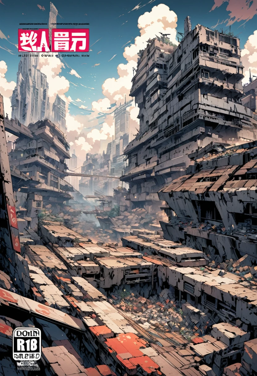 Create a manga cover with a typical Japanese graphic style. The manga is about humanity's epic battle against advanced civilization entities. The cover should include: A dynamic background representing a futuristic urban landscape in ruins, with dark