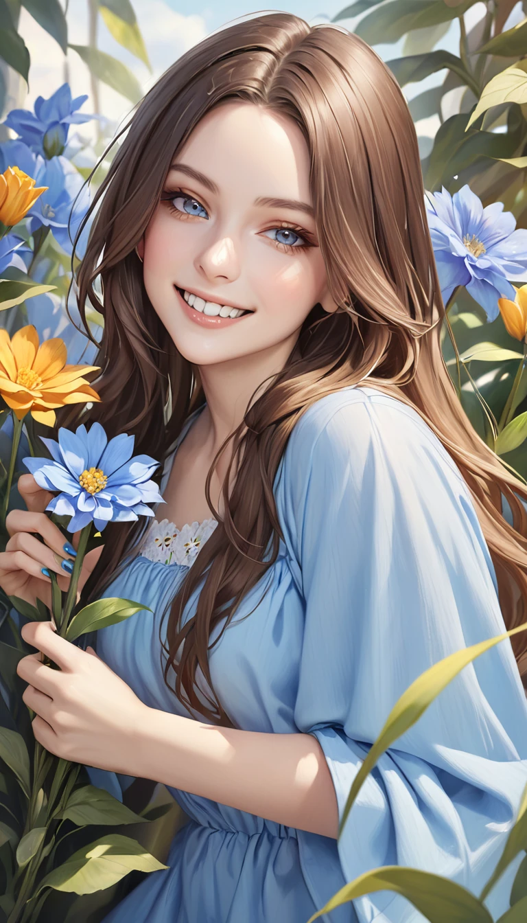 woman in a blue smock holding a flower in her teeth and to hold it, she's smiling, 1girl, solo, long hair, flower, realistic, brown hair, looking at viewer, nail polish