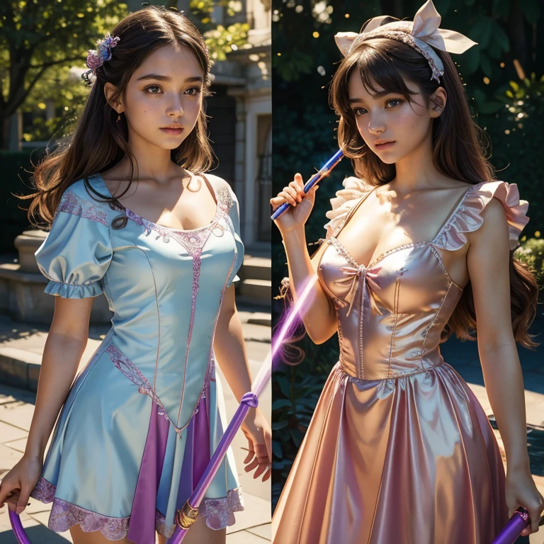 (​masterpiece, best quality:1.5), highest quality, High resolution, super detailed, Realists, Upper body photo of a brunette 14-year-old magical girl, detailed and beautiful eyes, beautiful detailed lips, very detailed eyes and face, longeyelashes, shiny satin dress, Holding a magic wand in your hand, Cast a transformation spell, Snake turns into skipping rope, Magic wands present and shiny, Beautiful and colorful makeup, elegant and noble々The jewelry bag, Gardens as background, soft daylight, bright colors, fine brushstrokes, Portrait style, Silk dress fabric, beautiful color palette, glowing skin, First-class rendering, that captures every detail, enchanting atmosphere, subtle shadows and lights, (perfect anatomy:1.2), (The two stunning 14 and 12 year old magical girls transform snakes into a skipping rope (a transformation with the magic wand:1.4), (magnificent panorama view:1.2)