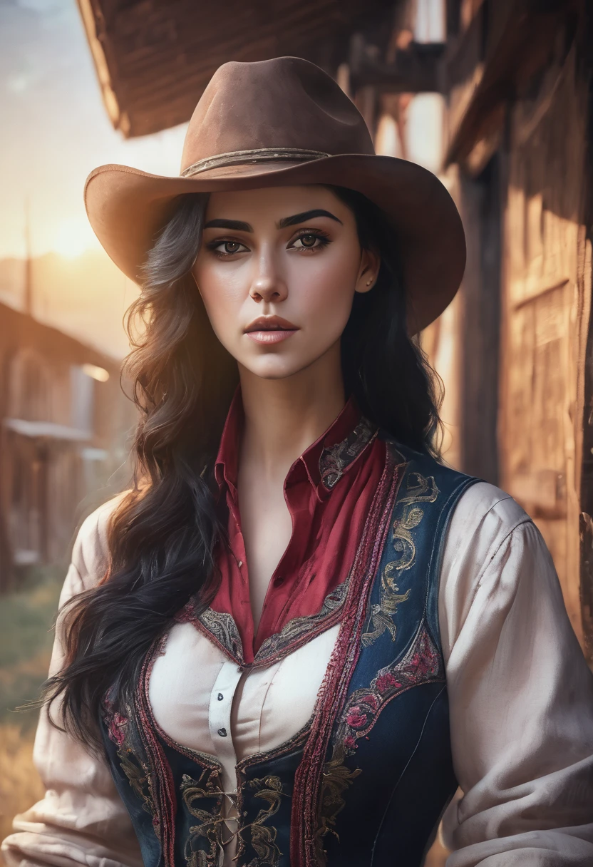 1 girl, foto de cowboy da linda There is, looking ahead at viewer, redgown, Bblack hair, blush, shorth hair, athletic night, volumetric lighting, best qualityer, work of art, details Intricate, tone mapping, sharp focus, hyper detailled, trends on ArtStation, There is, realisitic 