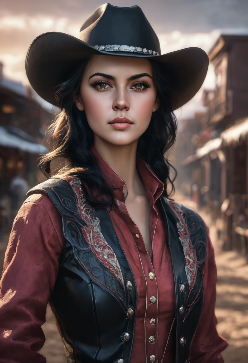 1 girl, foto de cowboy da linda There is, looking ahead at viewer, redgown, Bblack hair, blush, shorth hair, athletic night, volumetric lighting, best qualityer, work of art, details Intricate, tone mapping, sharp focus, hyper detailled, trends on ArtStation, There is, realisitic